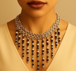 Stylish Layered Beaded Necklace – Silver Fringe Cascade in Black & Gray Jewelry